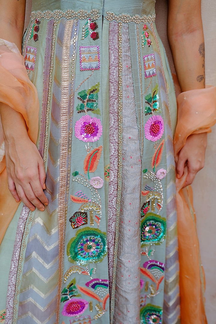Aqua Silk Floral Embellished Bridal Anarkali Set by aum ashima & asit at Pernia's Pop Up Shop