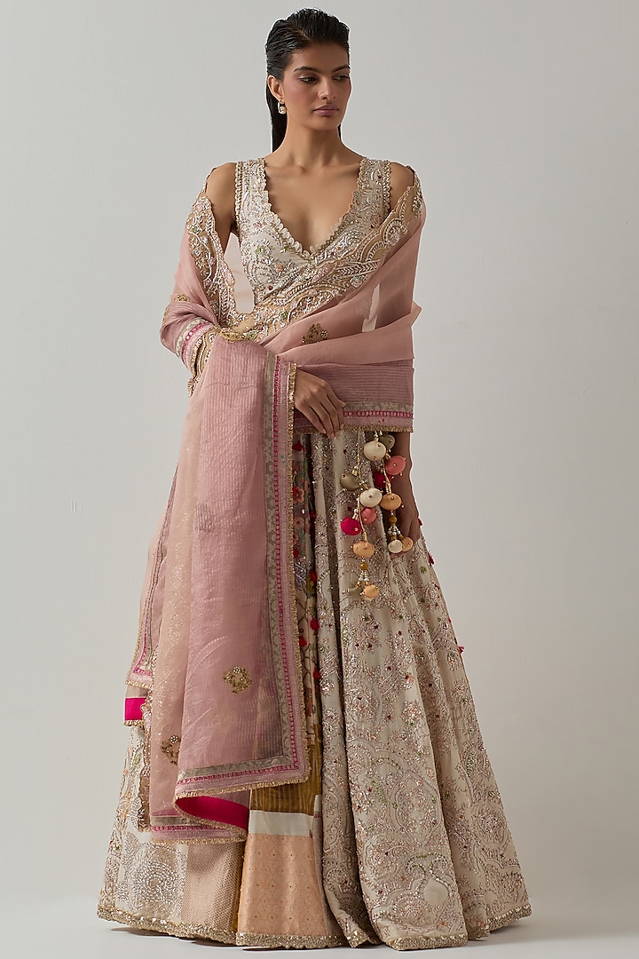 Ivory Silk Zari Embroidered Bridal lehenga for 22 Lehenga Set by aum ashima & asit at Pernia's Pop Up Shop