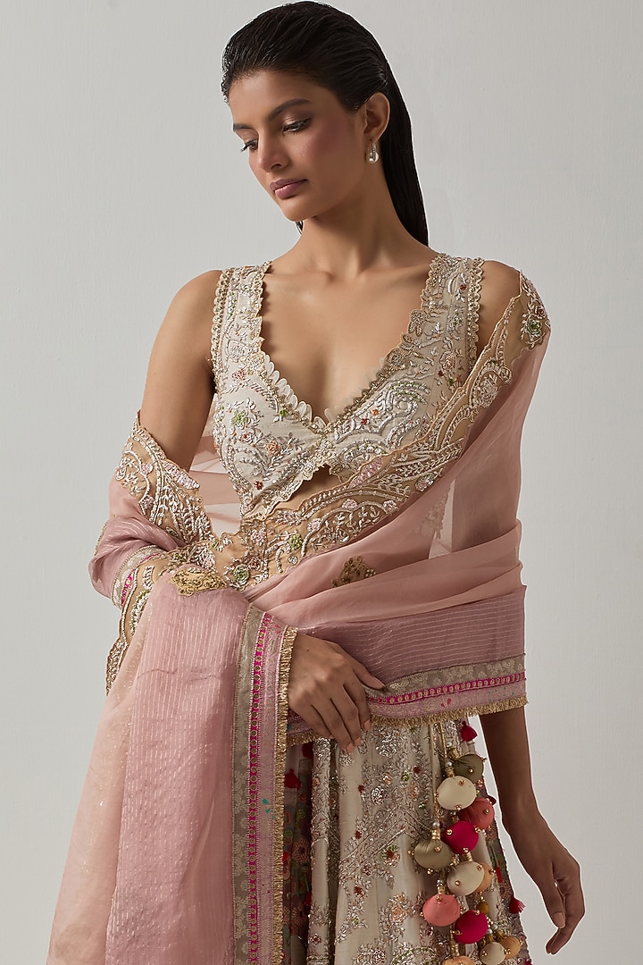 Ivory Silk Zari Embroidered Bridal Lehenga Set by aum ashima & asit at Pernia's Pop Up Shop