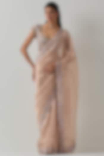 Blush Pink Silk & Tissue Zardosi Embellished Reception Saree Set by aum ashima & asit at Pernia's Pop Up Shop
