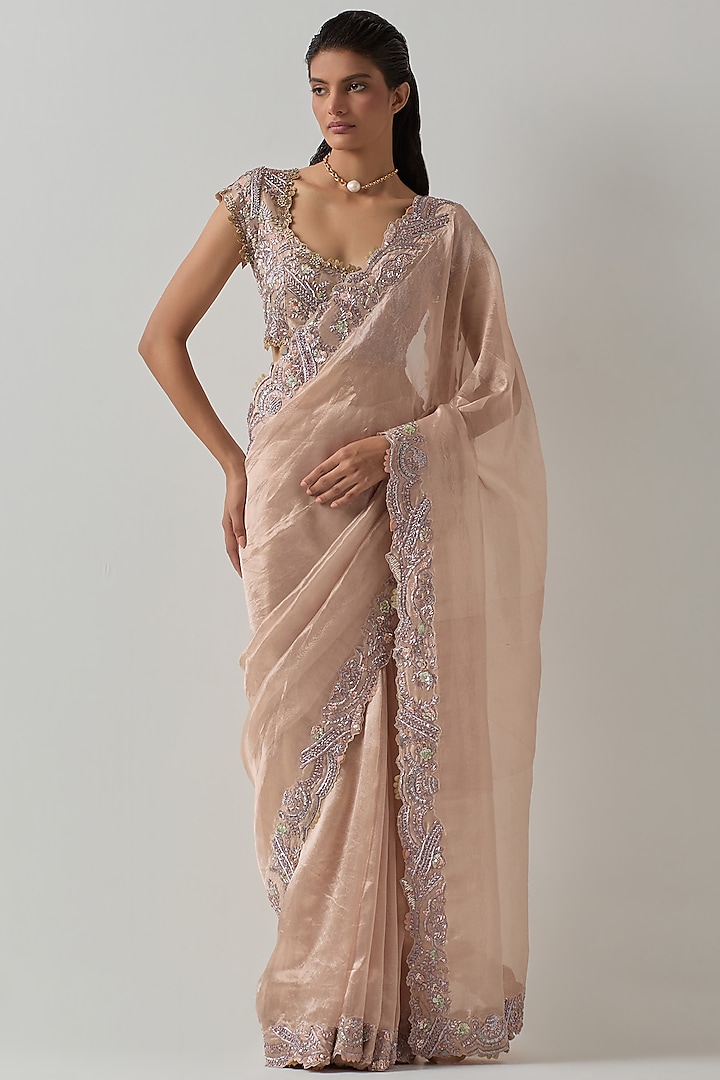 Blush Pink Silk & Tissue Zardosi Embellished Reception Saree Set by aum ashima & asit at Pernia's Pop Up Shop