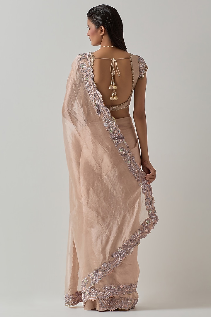 Blush Pink Silk & Tissue Zardosi Embellished Reception Saree Set by aum ashima & asit at Pernia's Pop Up Shop