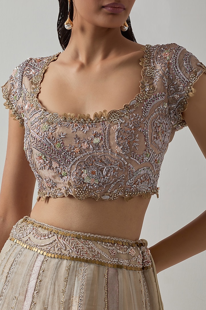 Blush Pink Silk & Tissue Zardosi Embellished Reception Saree Set by aum ashima & asit at Pernia's Pop Up Shop