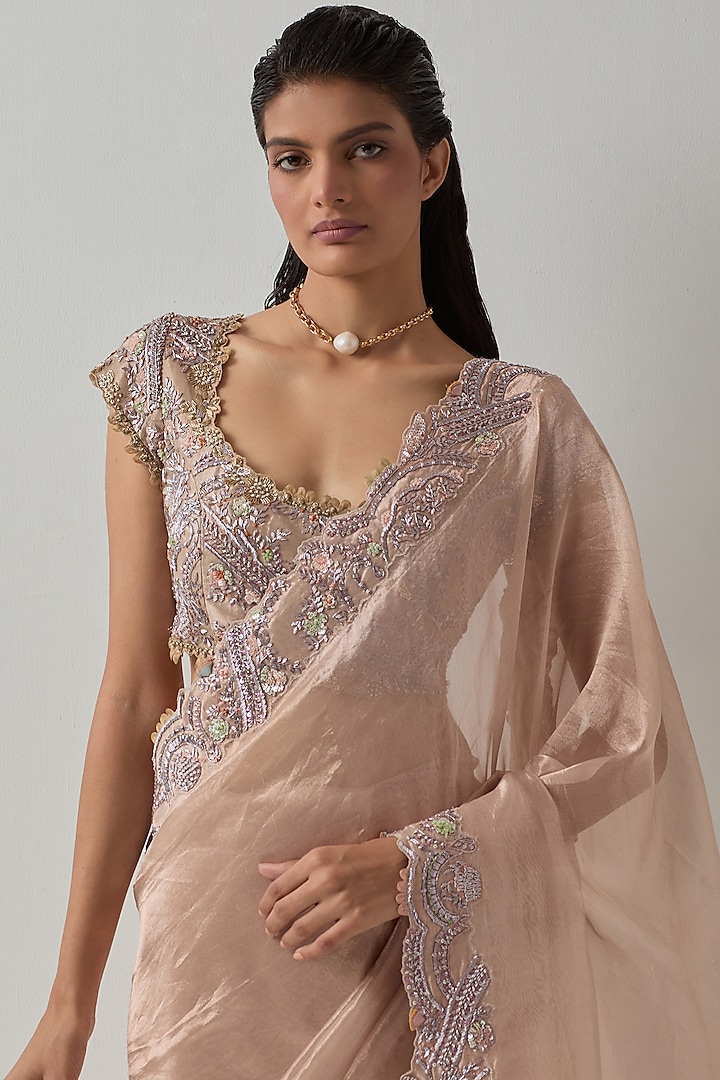 Blush Pink Silk & Tissue Zardosi Embellished Reception Saree Set by aum ashima & asit at Pernia's Pop Up Shop