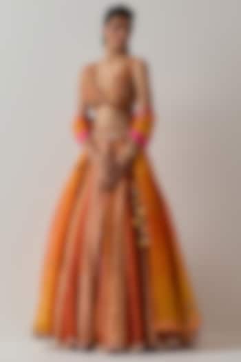 Burnt Orange Silk Embroidered Wedding Lehenga Set by aum ashima & asit at Pernia's Pop Up Shop