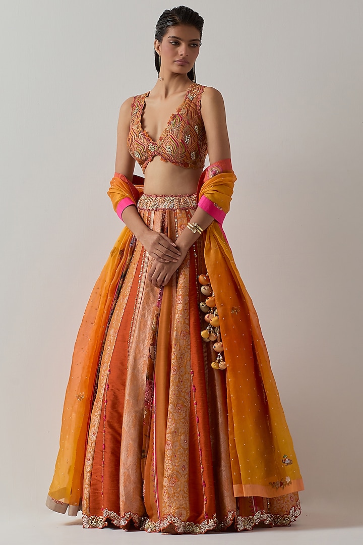 Burnt Orange Silk Embroidered Wedding Lehenga Set by aum ashima & asit at Pernia's Pop Up Shop