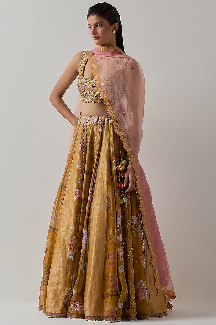 Yellow Silk Printed & Embroidered  dulhan bday 22 may Lehenga Set by aum ashima & asit at Pernia's Pop Up Shop