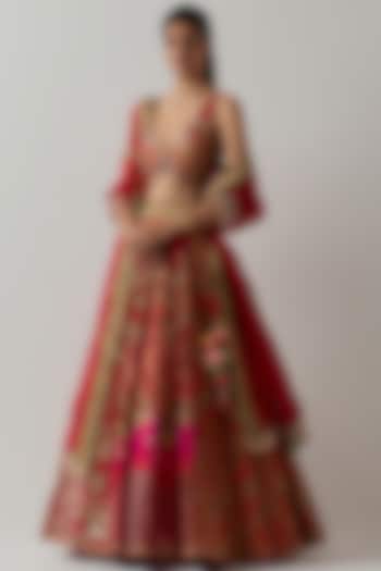 Red Silk Zari Embroidered Bridal lehenga for 22 Lehenga Set by aum ashima & asit at Pernia's Pop Up Shop