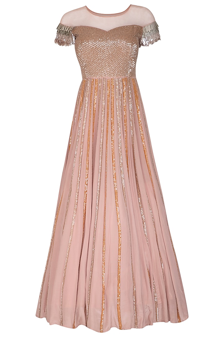Dusty Rose Pink Embroidered Gown by Aashna Behl