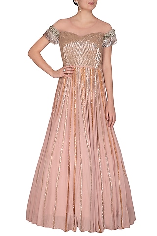 Dusty Rose Pink Embroidered Gown by Aashna Behl
