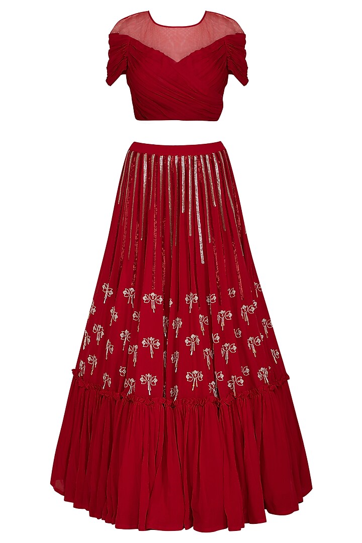 Scarlet Red Embroidered Lehenga Skirt With Blouse by Aashna Behl