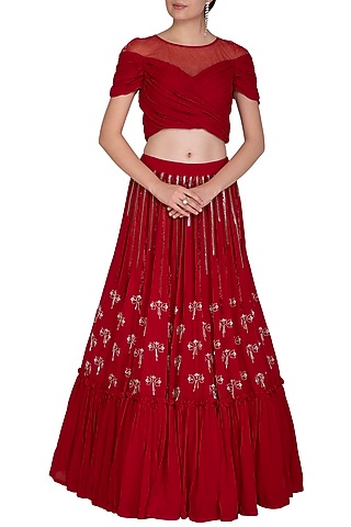 Scarlet Red Embroidered Lehenga Skirt With Blouse by Aashna Behl