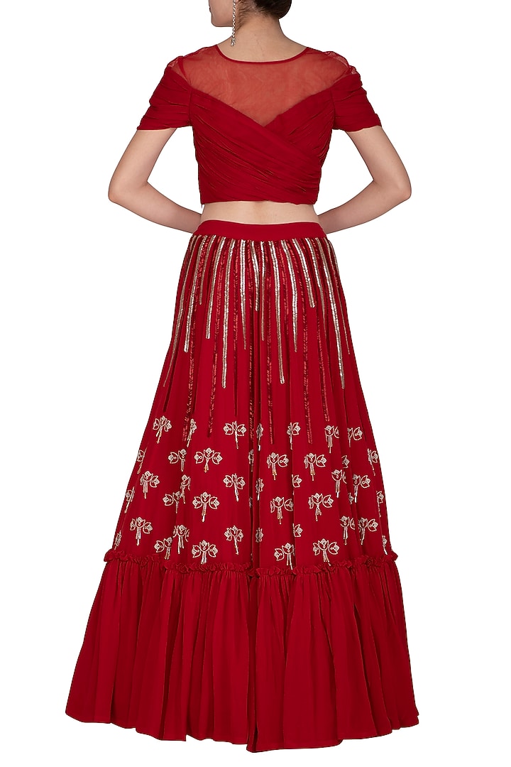 Scarlet Red Embroidered Wedding Lehenga Skirt With Blouse by Aashna Behl at Pernia's Pop Up Shop