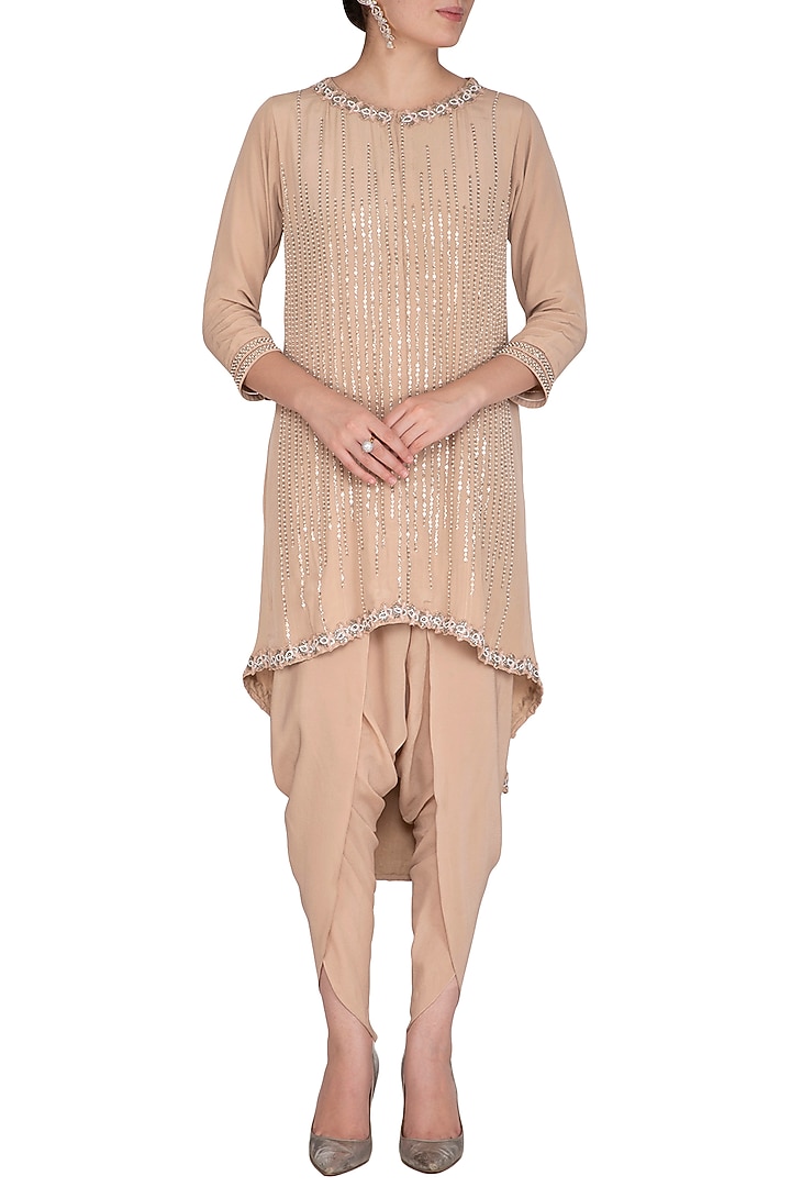 Beige Embroidered Jacket With Dhoti Pants by Aashna Behl at Pernia's Pop Up Shop