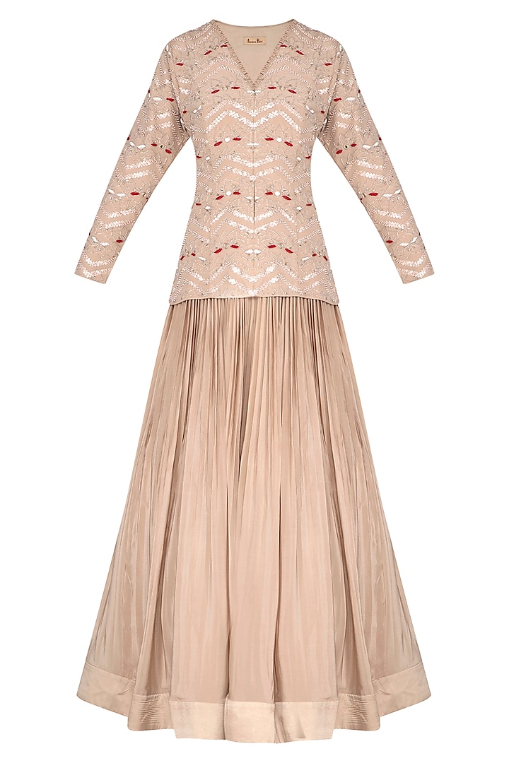 Beige Embroidered Jacket With Skirt by Aashna Behl