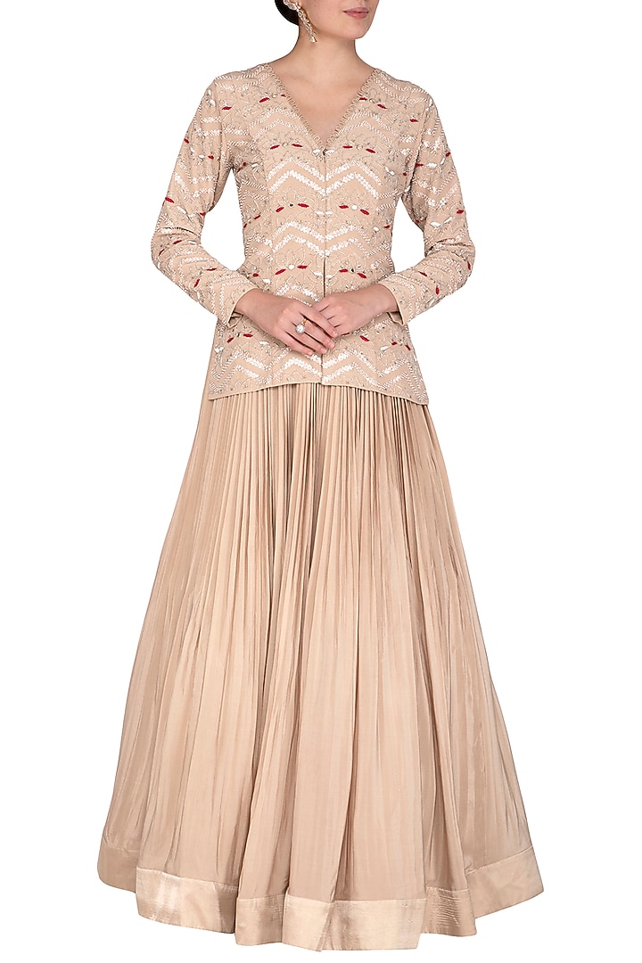 Beige Embroidered Jacket With Skirt by Aashna Behl at Pernia's Pop Up Shop