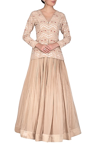 Beige Embroidered Jacket With Skirt by Aashna Behl