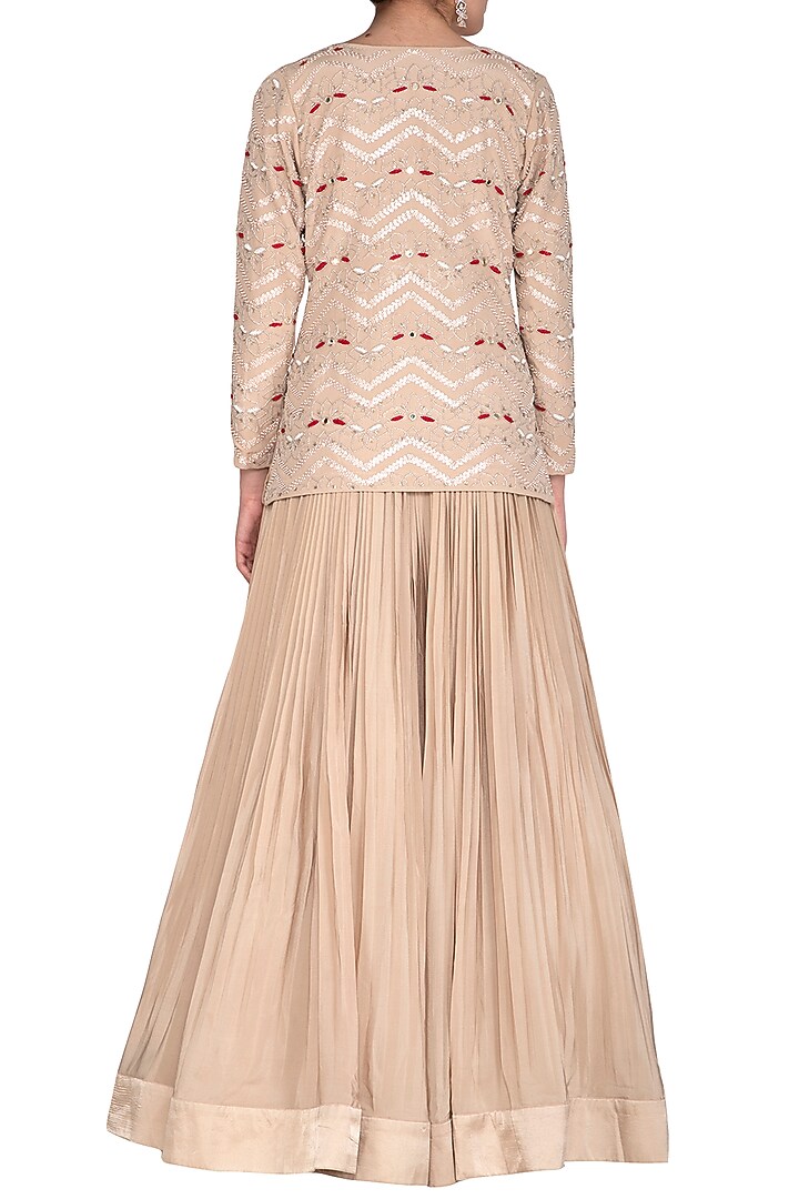 Beige Embroidered Jacket With Skirt by Aashna Behl at Pernia's Pop Up Shop