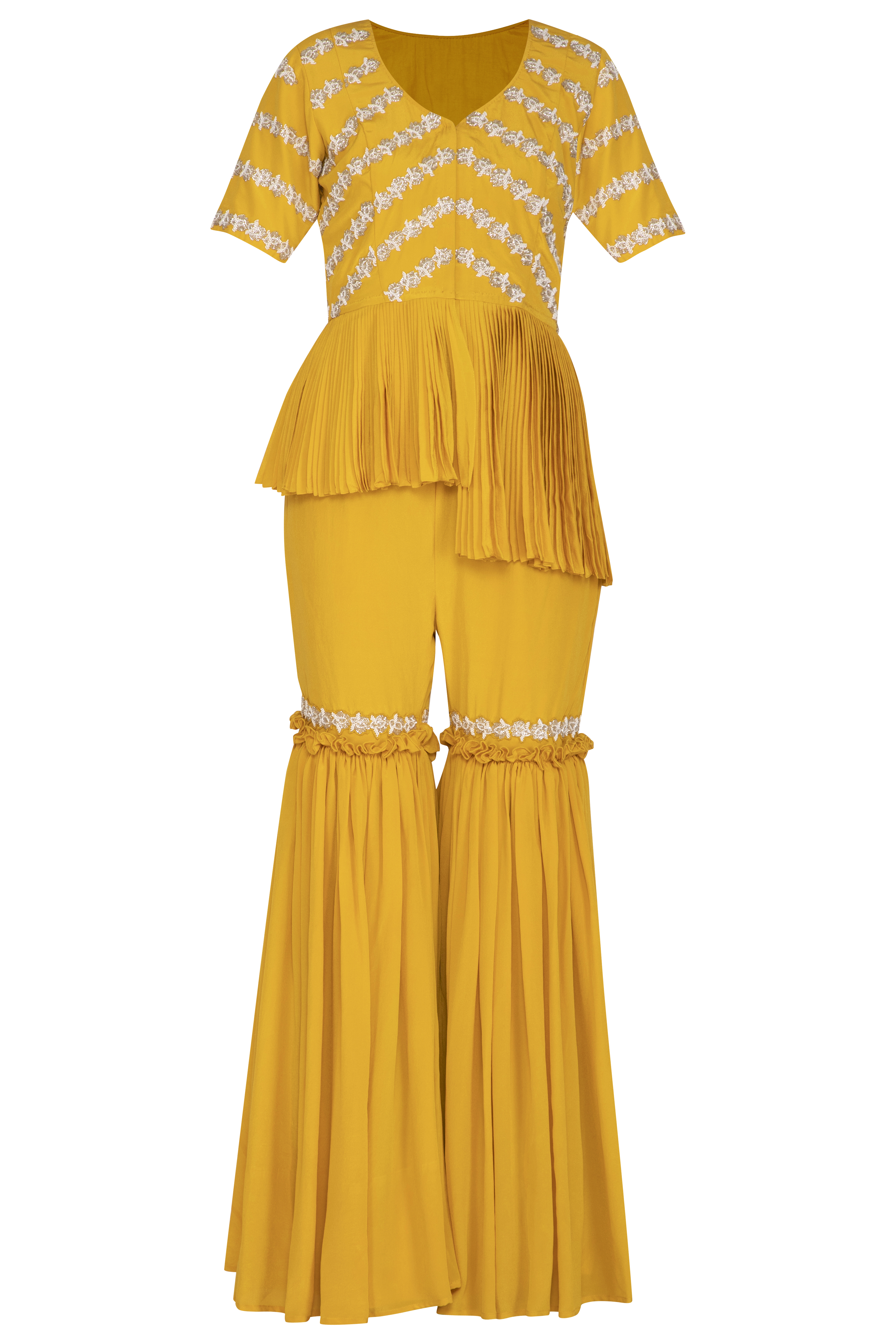 Marigold Yellow Jacket With Gharara Pants by Aashna Behl at Pernia's Pop Up Shop