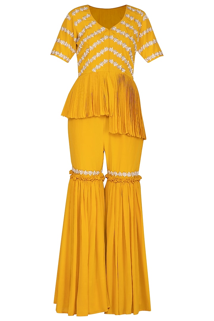 Marigold Yellow Jacket With Gharara Pants by Aashna Behl
