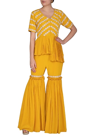 Marigold Yellow Jacket With Gharara Pants by Aashna Behl