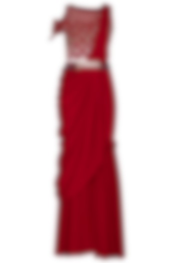 Scarlet Red Embroidered Pant Saree Set by Aashna Behl