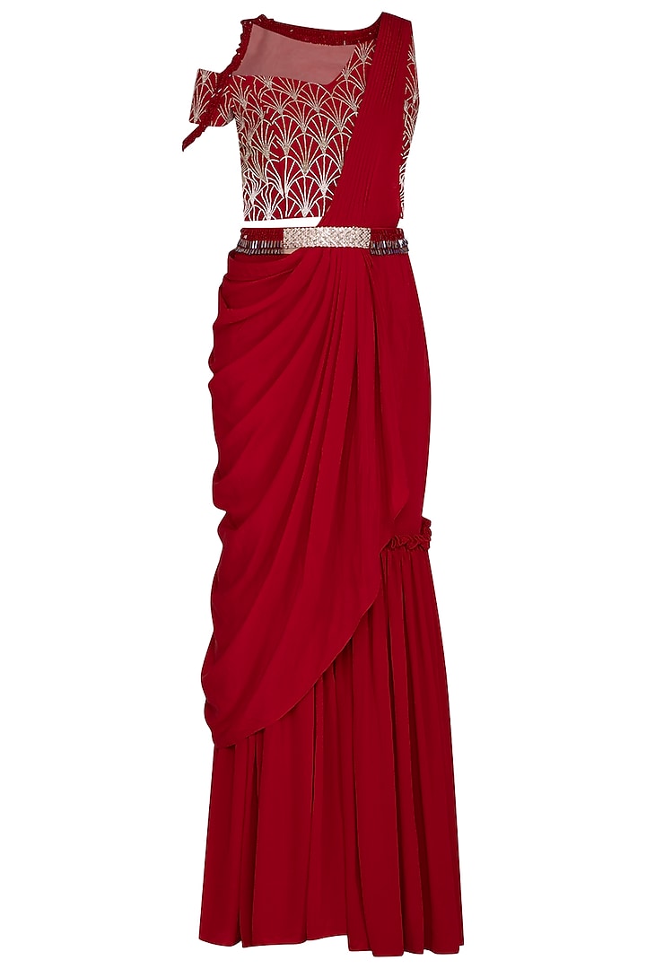 Scarlet Red Embroidered Pant Saree Set by Aashna Behl