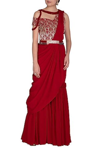 Scarlet Red Embroidered Pant Saree Set by Aashna Behl