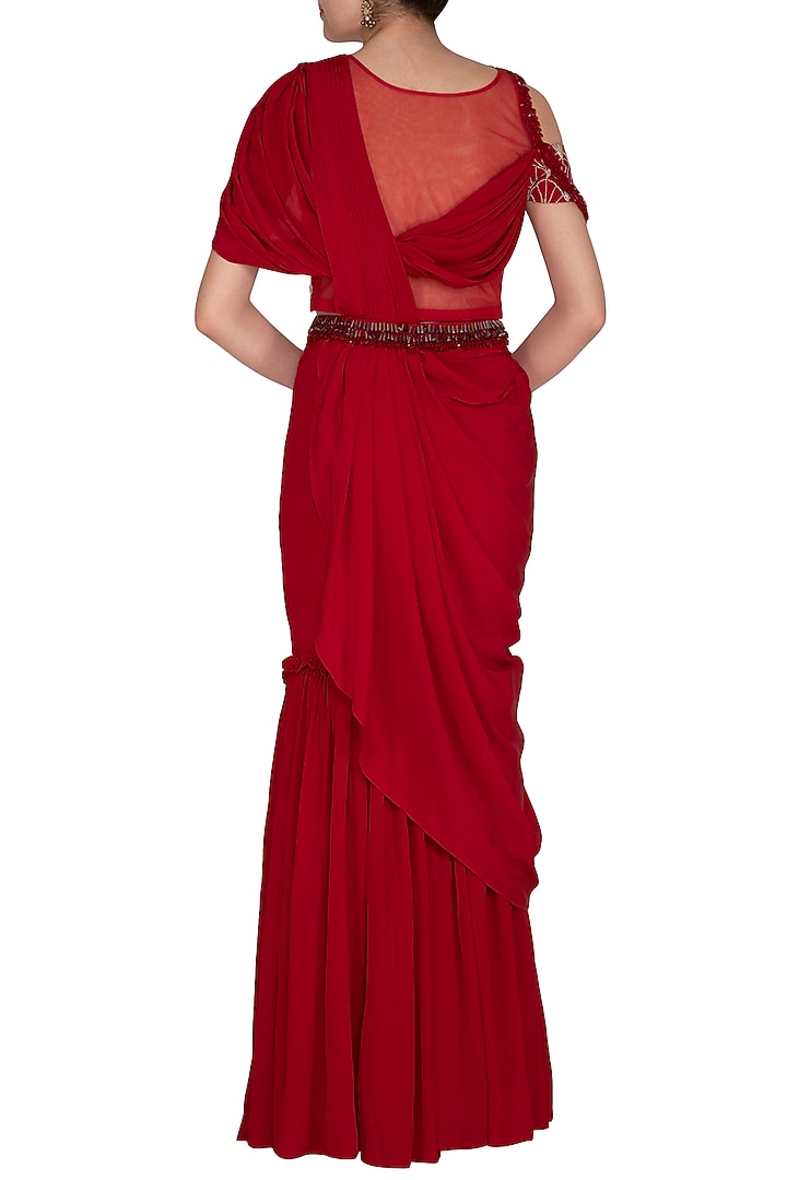 Scarlet Red Embroidered Pant Party Wear Saree Set by Aashna Behl at Pernia's Pop Up Shop