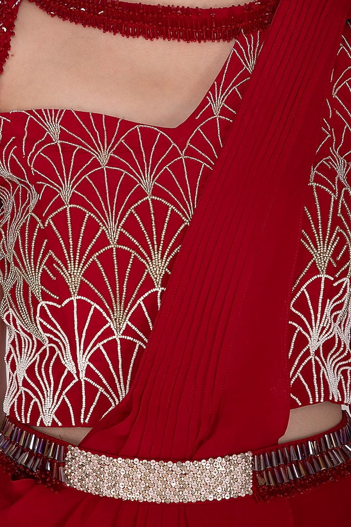 Scarlet Red Embroidered Pant Party Wear Saree Set by Aashna Behl at Pernia's Pop Up Shop