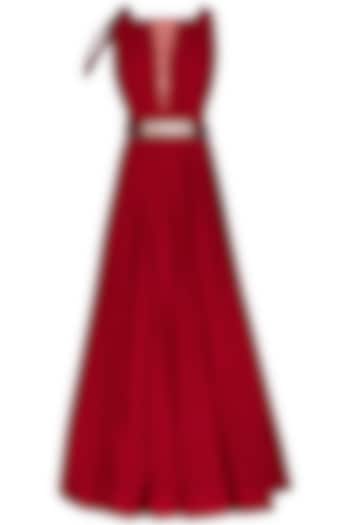 Scarlet Red Embroidered Gown With Belt by Aashna Behl