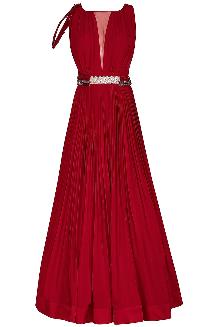 Scarlet Red Embroidered Gown With Belt by Aashna Behl