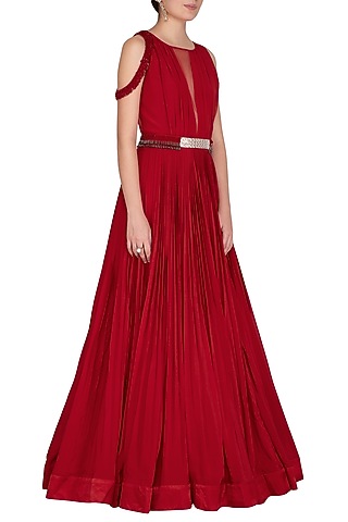 Scarlet Red Embroidered Gown With Belt by Aashna Behl