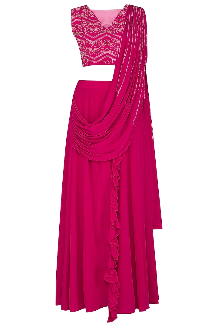 Fuchsia Pink Embroidered Pre-Draped Saree Set by Aashna Behl