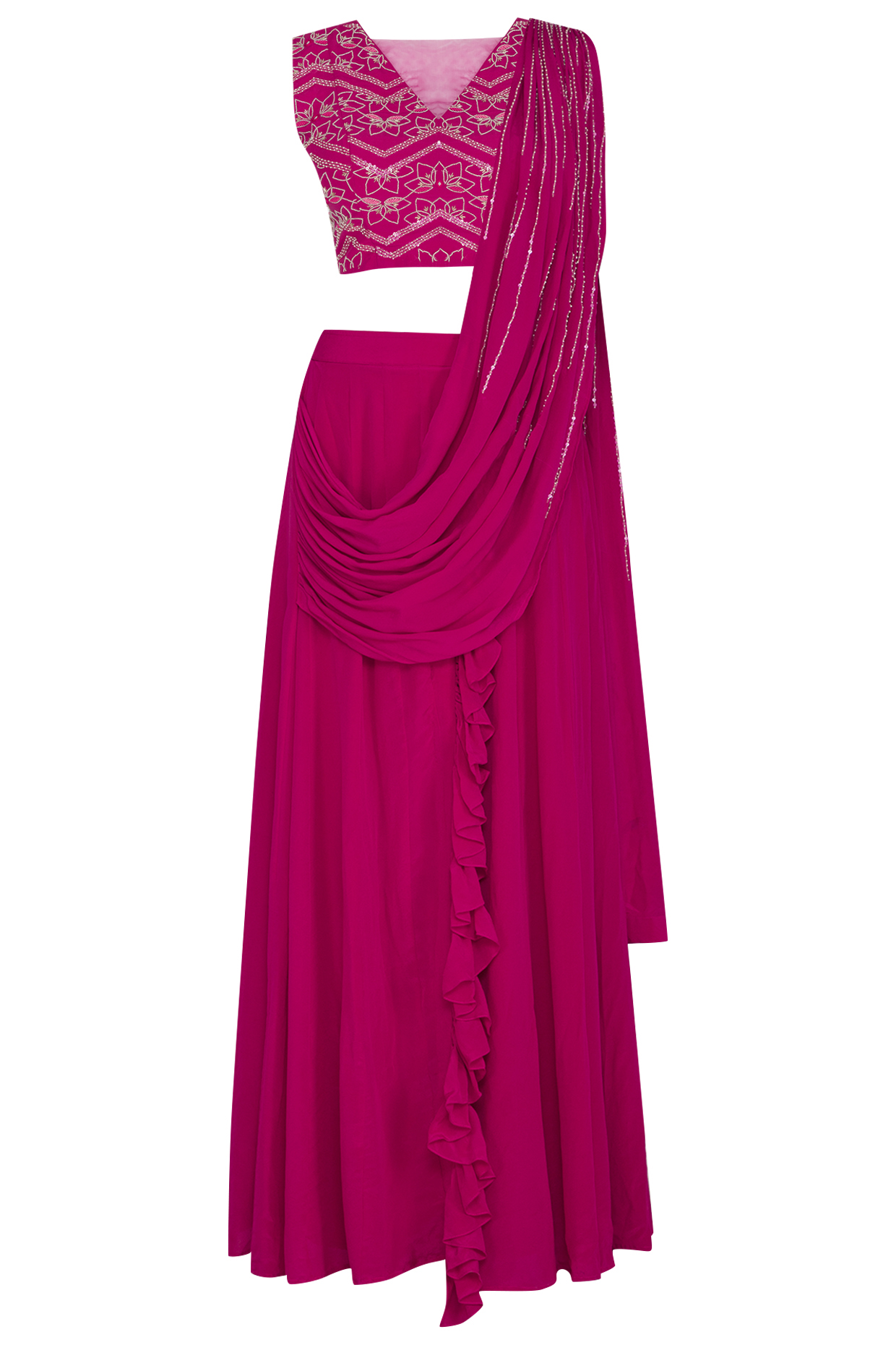 Fuchsia Pink Embroidered Pre-Draped Party Wear Saree Set by Aashna Behl at Pernia's Pop Up Shop