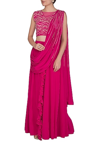 Fuchsia Pink Embroidered Pre-Draped Saree Set by Aashna Behl