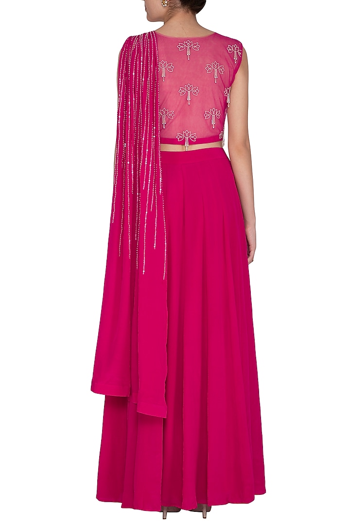 Fuchsia Pink Embroidered Pre-Draped Party Wear Saree Set by Aashna Behl at Pernia's Pop Up Shop