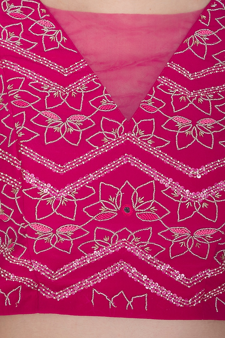 Fuchsia Pink Embroidered Pre-Draped Party Wear Saree Set by Aashna Behl at Pernia's Pop Up Shop