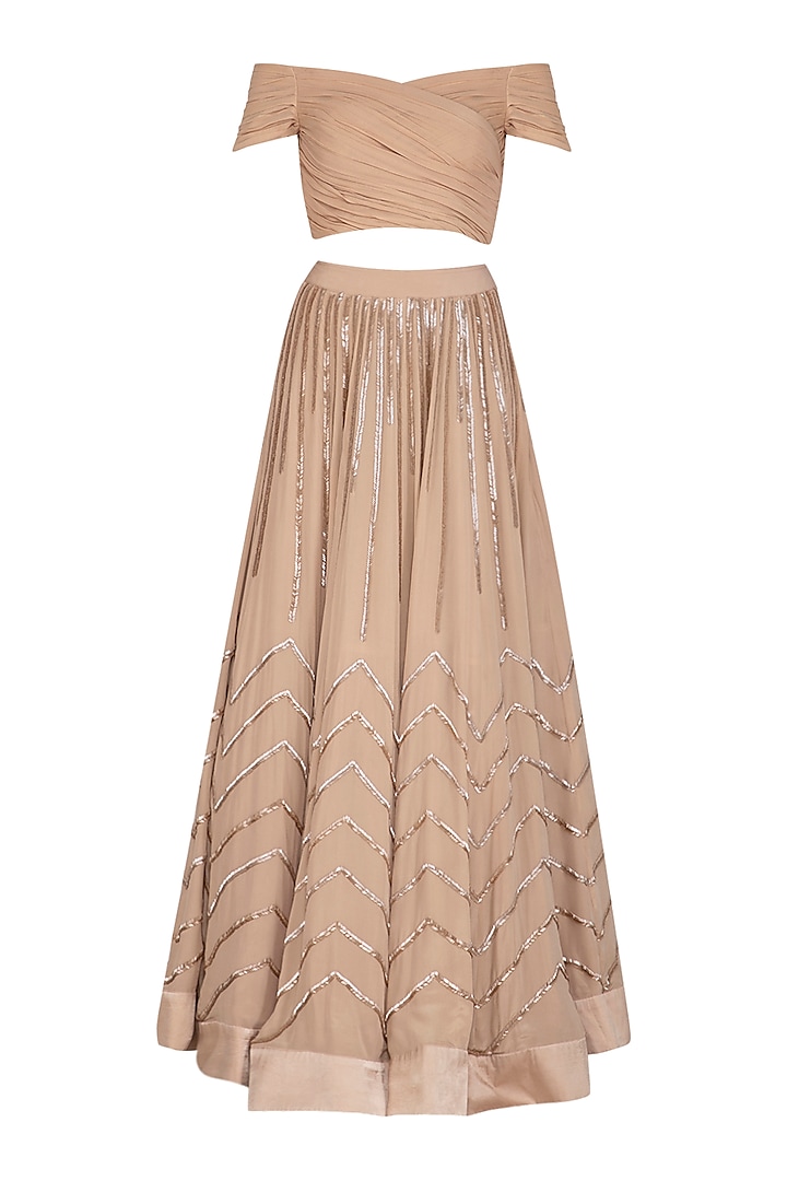 Beige Off Shoulder Blouse With Embroidered Skirt by Aashna Behl at Pernia's Pop Up Shop