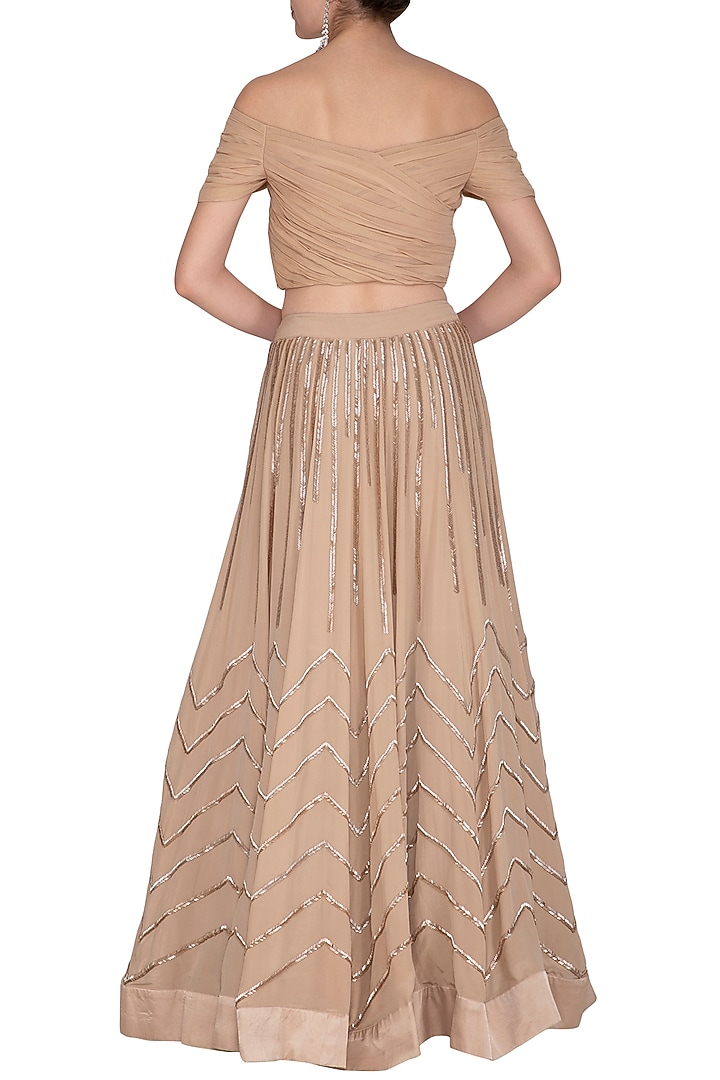 Beige Off Shoulder Blouse With Embroidered Skirt by Aashna Behl at Pernia's Pop Up Shop