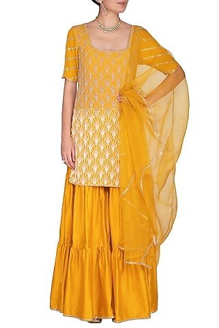 Marigold Yellow Embroidered Gharara Set by Aashna Behl