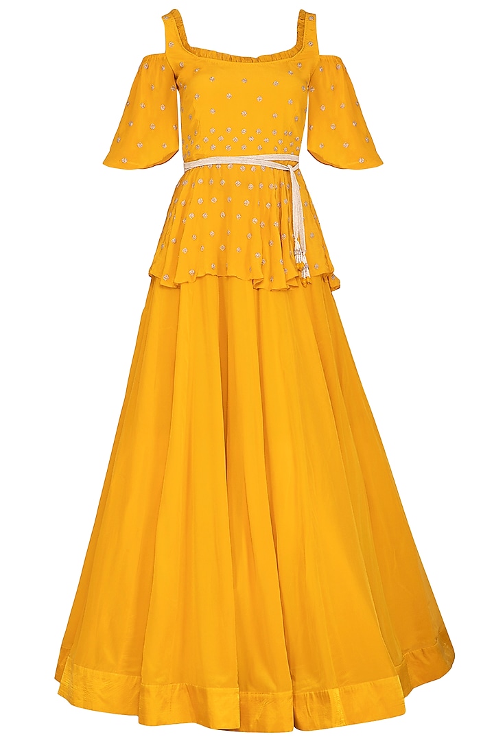 Marigold Yellow Embroidered Peplum Top With Skirt & Belt by Aashna Behl