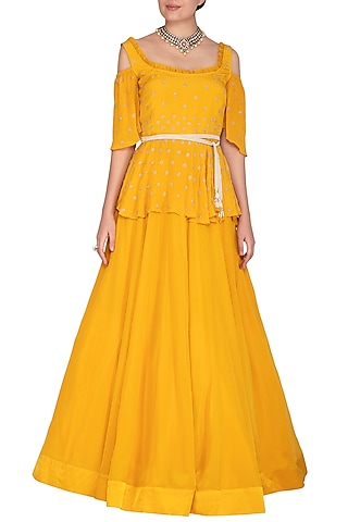 Marigold Yellow Embroidered Peplum Top With Skirt & Belt by Aashna Behl