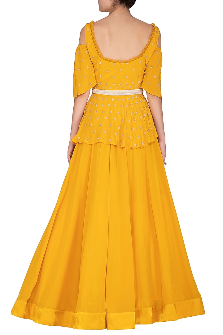 Marigold Yellow Embroidered Peplum Top With Skirt & Belt by Aashna Behl at Pernia's Pop Up Shop