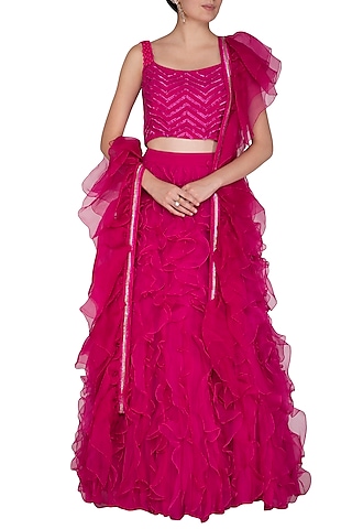 Fuchsia Pink Embroidered Lehenga Set by Aashna Behl