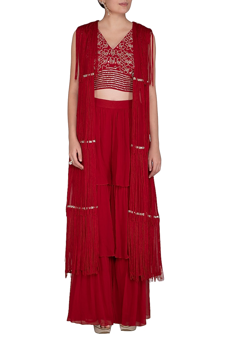 Scarlet Red Embroidered Blouse With Pants & Cape by Aashna Behl at Pernia's Pop Up Shop