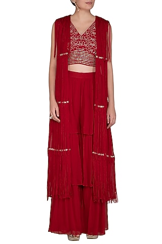 Scarlet Red Embroidered Blouse With Pants & Cape by Aashna Behl