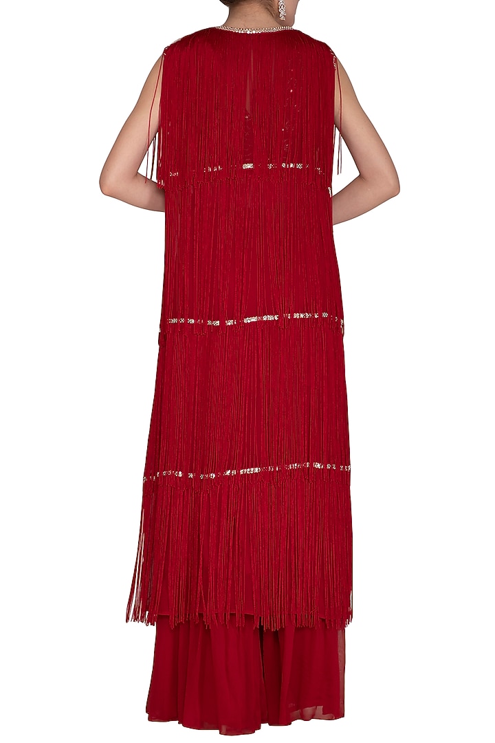 Scarlet Red Embroidered Blouse With Pants & Cape by Aashna Behl at Pernia's Pop Up Shop