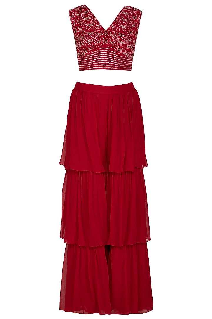 Scarlet Red Embroidered Blouse With Pants & Cape by Aashna Behl at Pernia's Pop Up Shop