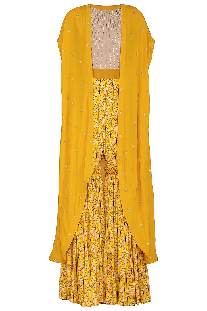 Marigold Yellow Embroidered Cape With Blouse & Printed Pants by Aashna Behl
